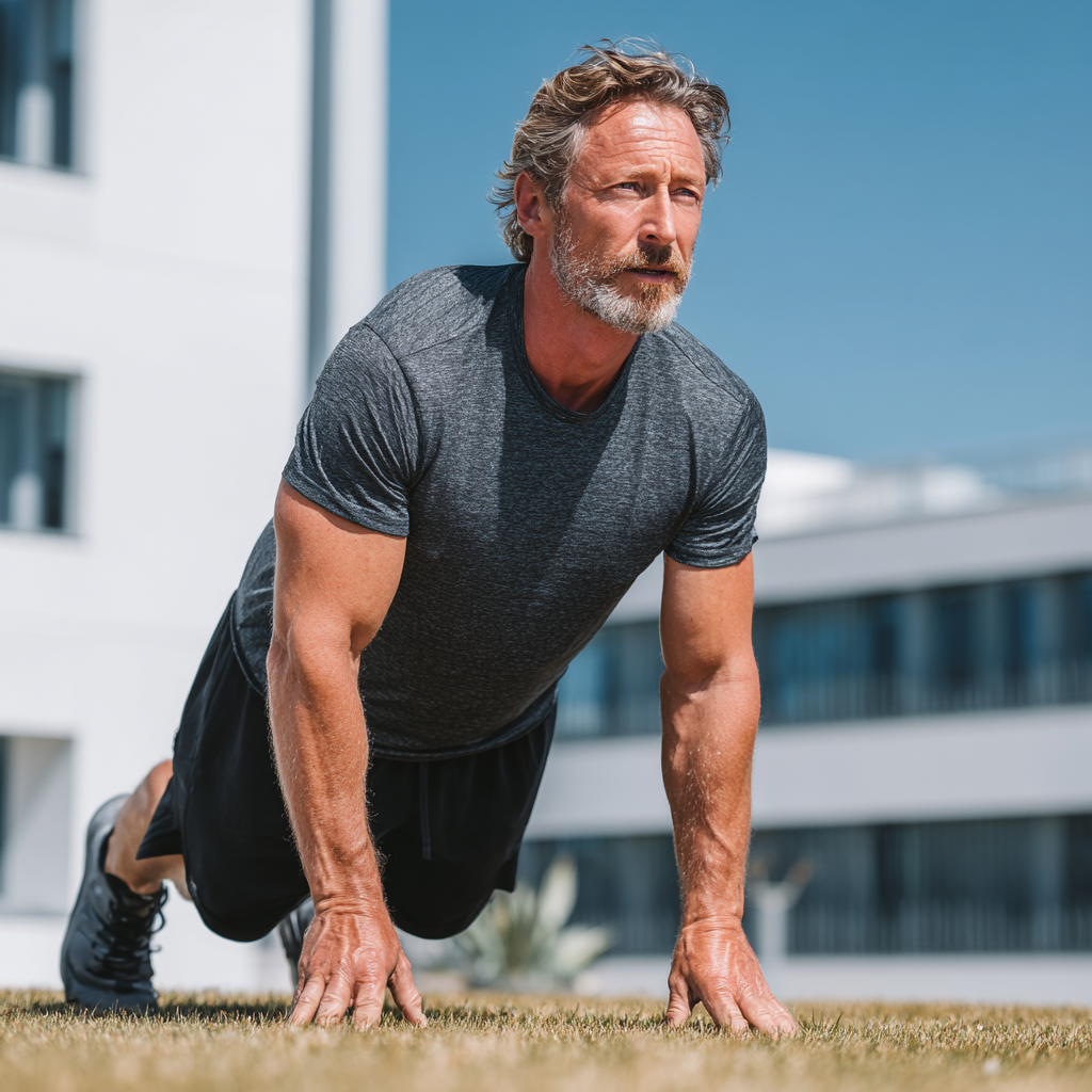 Active middle-aged man in his fifties performing functional movement exercises outdoors, demonstrating balance and coordination while maintaining proper form during his training session