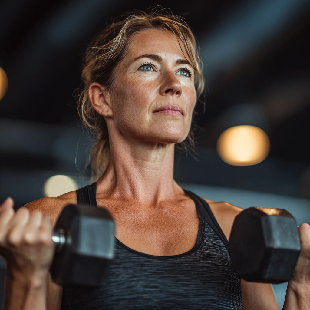 Confident middle-aged woman in her forties doing strength training with dumbbells in a modern gym, wearing athletic clothing and showing determination during her fitness routine